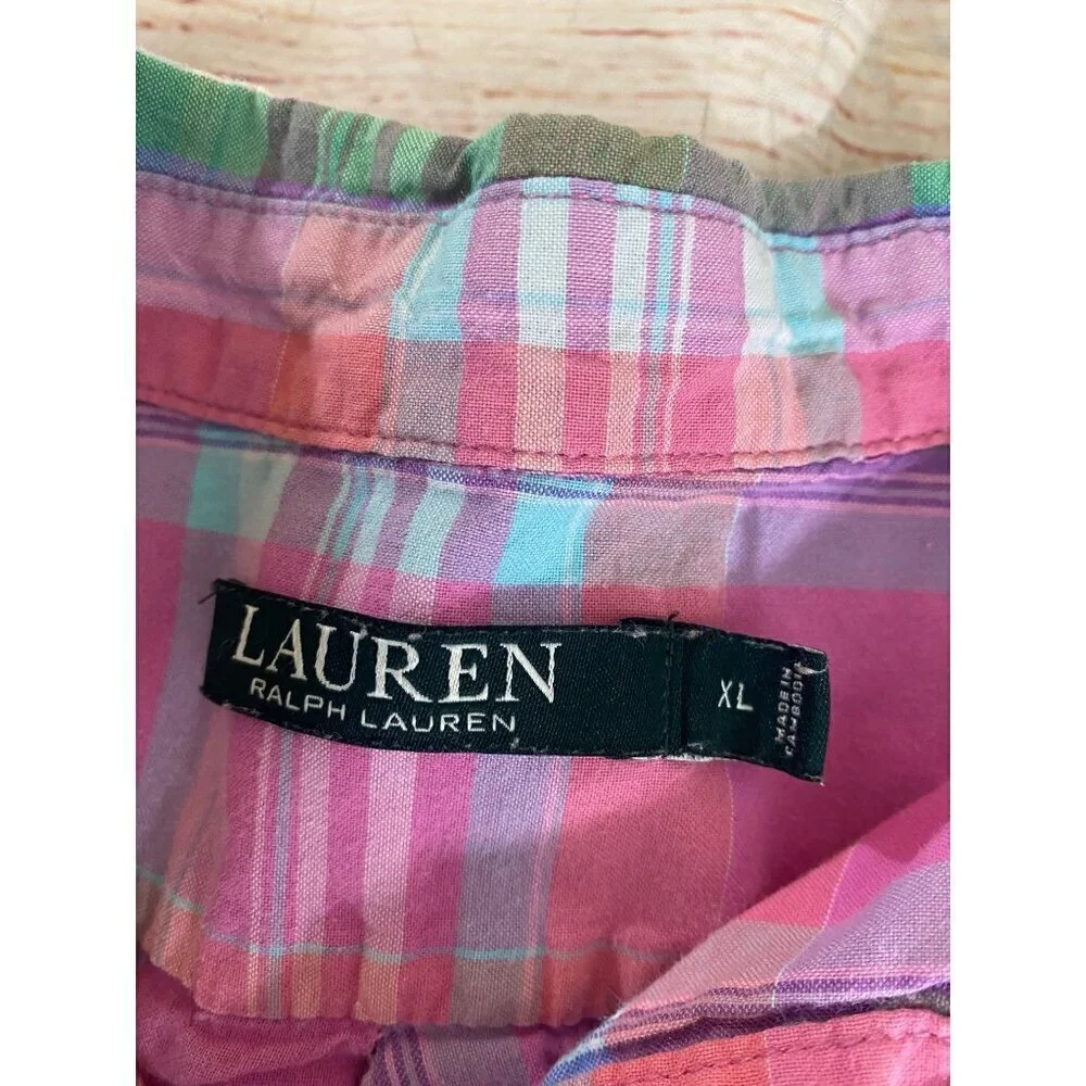 Lauren Ralph Lauren Women's Pink Plaid Roll Tab Sleeve Button Front Shirt - XL - Picture 7 of 10